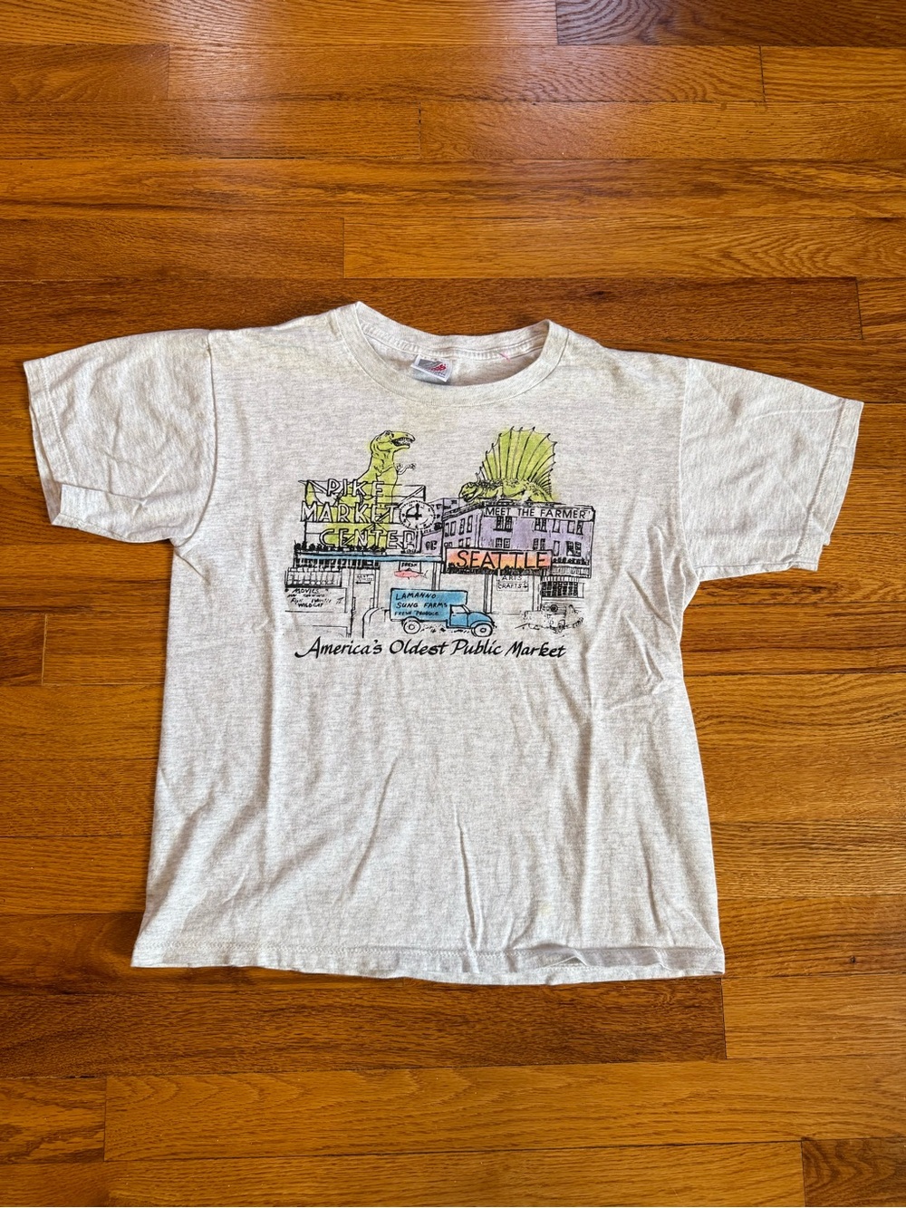 Vintage 90s Pike Place Market Seattle Washington T-shirt, Dinosaurs Youth Large